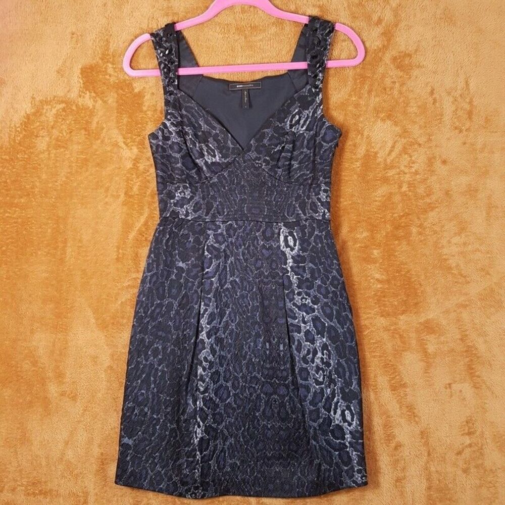 BCBG MAXAZRIA Womens Dress Size 0 Black Blue Silver Sheath Leopard Cocktail